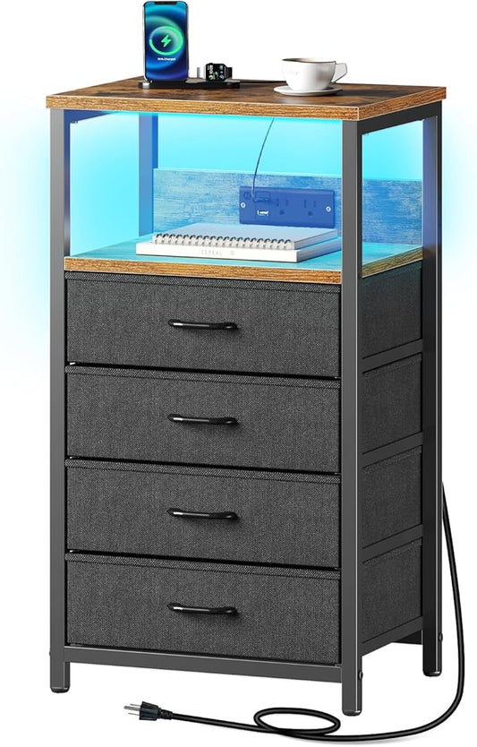 Seventable Night Stand with Charging Station, Tall Nightstand with 4 Fabric Storage Drawers, Side Table with LED Light for Bedroom, Entryway, Rustic Brown