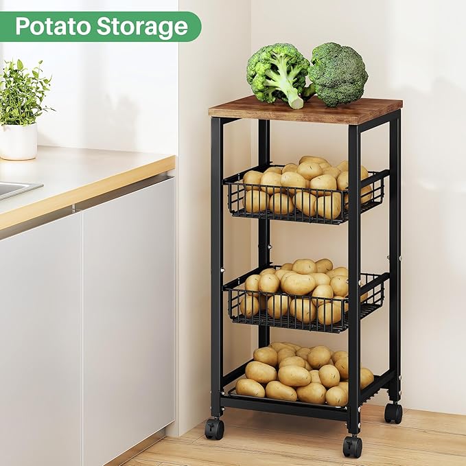 SNTD Fruit Basket Vegetable Stand for Kitchen Pantry, Pull Out Metal Wire Basket with Wood Top for Fruit Vegetable Onions Potatoes Snacks