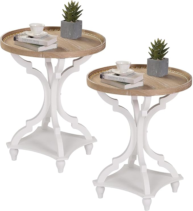 Wnutrees Farmhouse Round Accent End Table, Rustic Side Table Nightstands for Living Room, Wood Tray Top, Handcrafted Finish, Set of 2, White