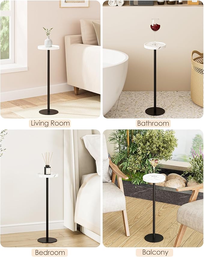 Drink Table, Small Pedestal Side Table, Round Cocktail Table, Circle Accent End Table with Metal Base, for Small Spaces (1, White Marble)