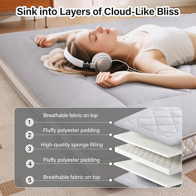 Welnow Japanese Futon Floor Mattress, Thick Full Size Tatami Mat Portable & Foldable Roll Up Floor Bed Mattress with Storage Bag, Sleeping Pad for Adults, Dorm, Guest Bed, Camping and Travel, Grey
