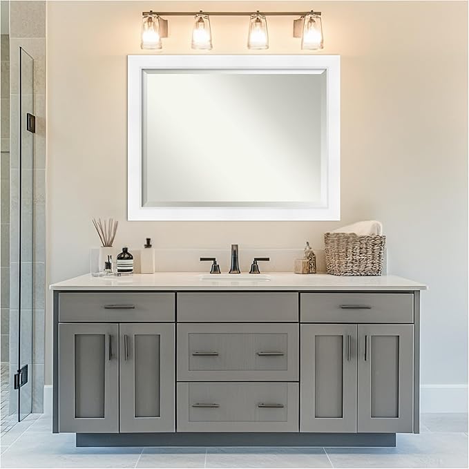 Amanti Art White Bathroom Mirror for Over Sink, 36x46 Sloped White Rectangle Vanity Mirror, X-Large Modern Contemporary Frame, Hangs Horizonally and Vertically, Bathroom Wall Decor, Beveled Edge