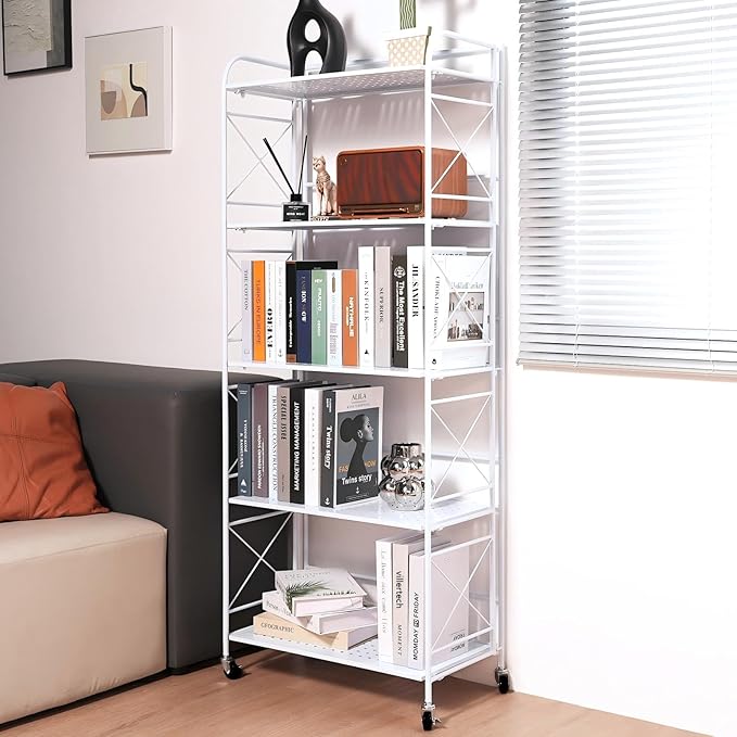 Foldable 5-Tier Metal Shelf with Wheels - Folding Bookshelf Unit for Living Room, Kitchen, Study 12.6" D x 23.6" W x 57.0" H, Glossy White