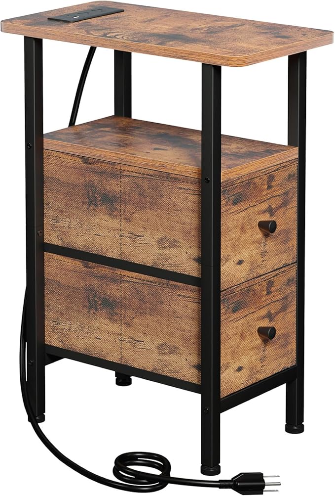 Narrow End Table Living Room with Charging Station, Skinny Side Table with Fabric Drawers, Slim Nightstand for Bedroom, Small Spaces, Couch, Rustic Brown, HETNDP02PBR-1