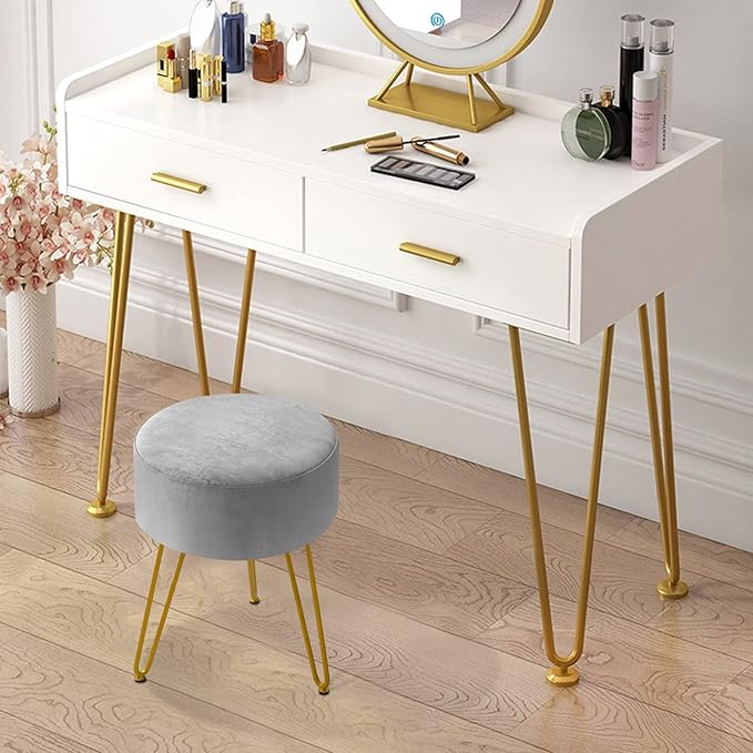 GERANT Multifunctional Vanity Stools - Velvet Round Ottoman Modern Dressing Stool -Upholstered Footrest Stool - Side Table Footstool with Golden Metal Leg for Living Room, Bedroom (Gray)