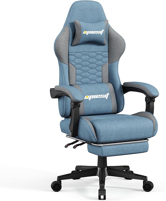 Gaming Chair, Computer Chairs for Adults with Lumbar Support and Massager, Comfortable Gamer Chair with Footrest & Pocket Spring Cushion, Ergonomic Home Office Chair, Blue, Fabric