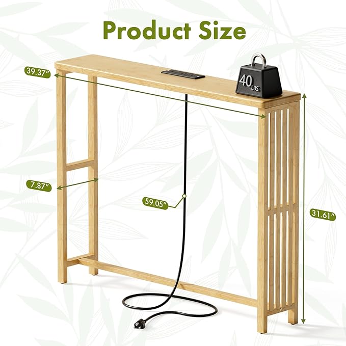 2 Pack Narrow Console Table Bamboo, 78.8" Long Entryway Tables with 2 Power Outlets and USB-C Ports, Couch Table Behind Sofa for Display, Hallway, Living Room, Bedroom, Foyer, Natural