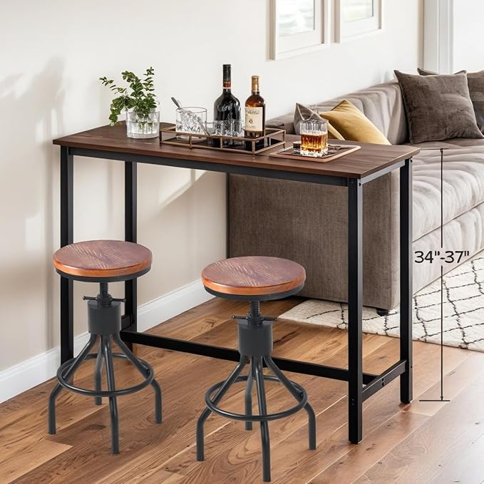 Industrial Rectangle Bar Table with Set of 2 Bar Stools Vintage 3 Pieces Pub Table Set for Home Office Farmhouse Dinner Table with Chairs