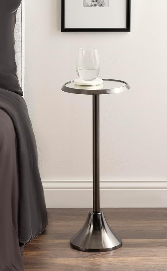 Kate and Laurel Sanzo Modern Pedestal Drink Table, 10 x 10 x 23, Gray Gunmetal, Decorative End Table with Mirrored Tabletop for Use as Small Plant Stand or Cute Martini Table