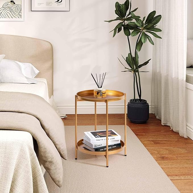 HollyHOME 2-Tier Round Gold Side Table, Outdoor Small Folding Accent Stand with Removable Tray, Anti-Rust Metal Asional Table for Balcony Patio Living Room, Nightstand for Bedroom(Gold)
