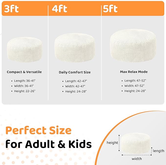 HABUTWAY 3FT Bean Bag Chair, 3' Large Bean Bag Chairs for Adults with Removable Stripe Plush Cover, Memory Foam Beanbag Chair for Living Room Bedroom Dorm (White)