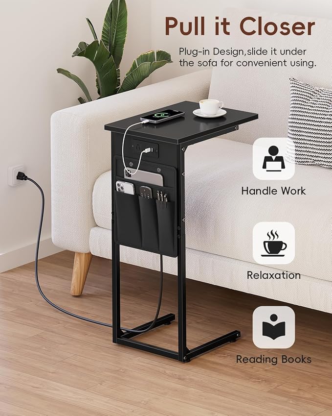Vagusicc C Shaped End Table with Charging Station, Small Side Table for Couch, Couch Side Tables Recliner Desk, Slide Under Sofa Table TV Tray Arm C Tables for Living Room, Bedroom, Bedside, Black