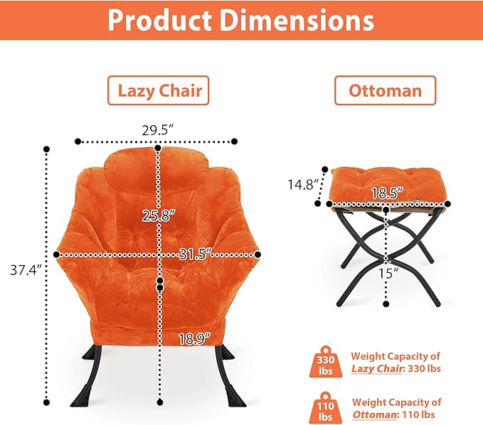 Lazy Chair with Folding Ottoman, Accent Chair Plush Upholstered with Metal Structure and Non-Slip Pads, Sofa Armchair with Footrest and Side Storage Bag for Dorm, Room, Office, Orange