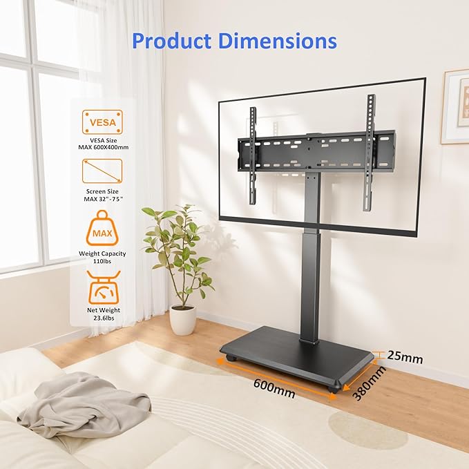 Rolling TV Stand, Portable Mobile TV Stand for 32-75 Inch TVs up to 110 lbs, 18 Adjustable Heights, Max VESA 600x400mm, Rolling TV Cart on Wheels with Mount for Bedroom, Office, Outdoor