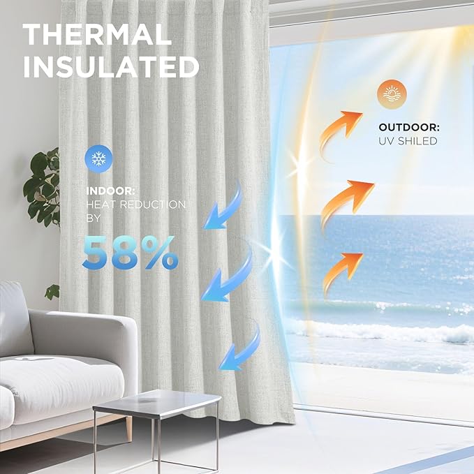Joydeco 100% Blackout Curtains for Bedroom - Natural Linen Curtains 42" W x 108" L, Thermal Insulated 2 Panels White Light Blocking Drapes, Rod Pocket & Back Tabs, Darkening Privacy for Living Room