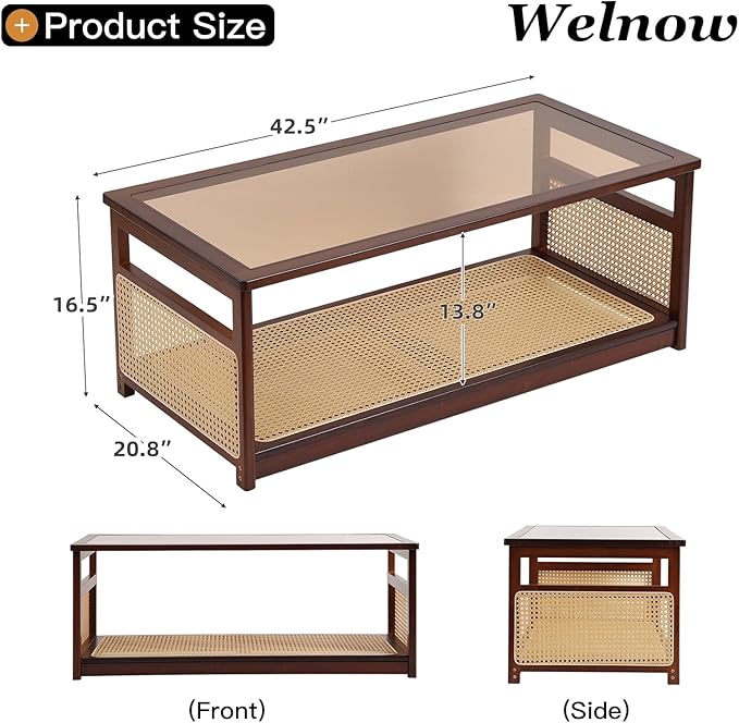 Welnow Rattan Coffee Tables for Living Room, Modern 2-Tier Coffee Table, Mid Century Rectangle Coffee Table with Storage Shelf & Glass Top, Large Boho Center Table for Apartment, Walnut