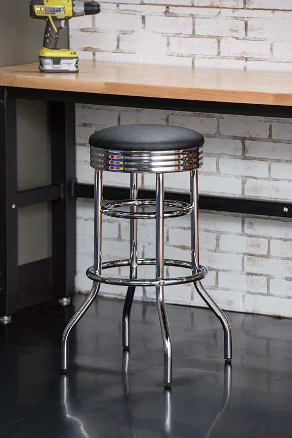 TRINITY Heavy Duty 30-Inch Backless Swivel Bar Stool for Kitchen, Garage, or Workshop, Chrome Finish with Faux Leather Seat, 2 Pack, Black