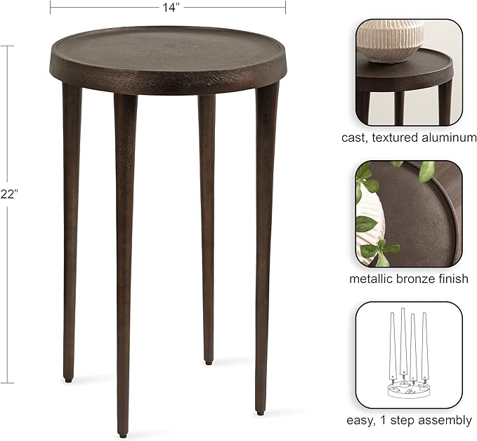 Kate and Laurel Rava Modern Metal Round Side Table, 14 x 14 x 22, Bronze, Cast Aluminum Accent Table for Use as Indoor Plant Stand or Living Room Decor Piece