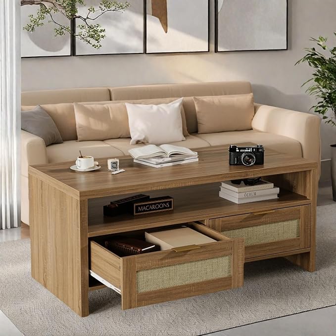 2 Tiers Boho Coffee Table with Storage,40” Mid Century Rattan Console Table with Drawers and Open Shelf, Wooden Center Coffee Table for Living Room/Apartment/Farmhouse/Bedroom/Small Place(Oak)