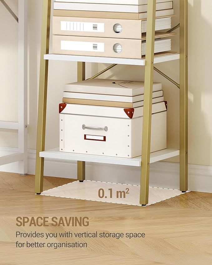 Ladder Shelf, Bookshelf Bookcase, Freestanding Corner Storage Shelve with 2 Hooks for Home Office, Living Room, Kitchen, Bedroom, Industrial, 5-Tier White Gold BC19213G
