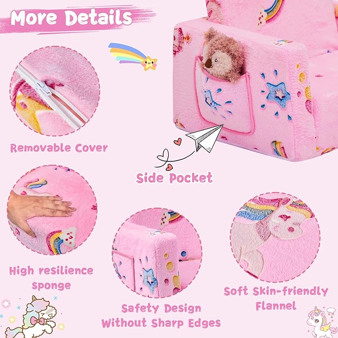 Toddler Couch,Toddler Chair,Kids Chair 2-in-1 Baby Seat Furniture Fold Out, Convertible Sofa to Lounger Comfy Glow in The Dark Sofa Bed,Gifts for Kids Girl Boys,Unicorns Rainbow,Medium