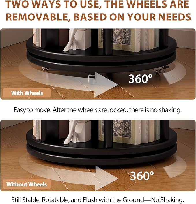 Solid Wood Rotating Bookshelf on Wheels, 6 Tier, Round Revolving Bookcase, 360° Spinning Book Shelf Tower for Kids, Narrow Rolling Bookshelves for Small Space, Corner, Bedroom, Office, Black