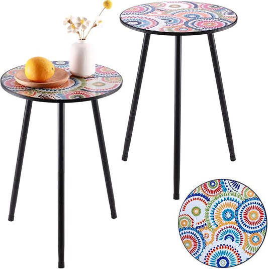 Party Zealot Metal Mosaic Round Side Table Set of Two 13.4" Small Outdoor Patio Round Accent Coffee Tables Indoor Corner Stand for Small Space Weather-Resistant for Balcony Plant Stand