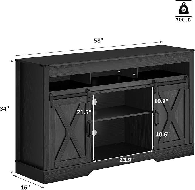 RoyalCraft Farmhouse TV Stand with Sliding Barn Door for TVs up to 65+ Inch, 34" Tall Entertainment Center, Wood Media Console Storage Cabinet for Bedroom, Living Room, Black