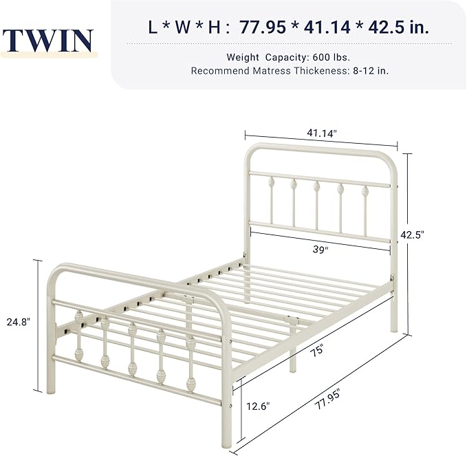 Allewie 14 Inches Twin Size Metal Platform Bed Frame with Victorian Style Iron-Art Headboard/Footboard, Mattress Foundation, Easy Assembly, Under Bed Storage, No Box Spring Required, Off White