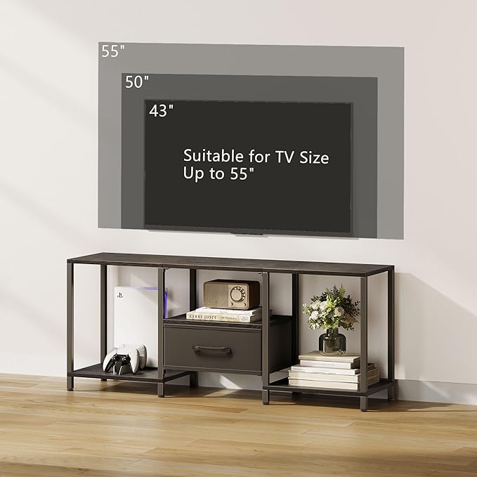 TV Stand with Fabric Drawer for 55 Inch TV, Entertainment Center with Open Shelves, Media TV Console Table for Living Room, Bedroom, Black