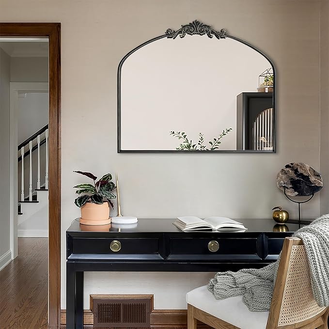 WAMIRRO Ornate Black Mirror,Vintage Arched Baroque Antique Mirorrs for Living Room Hallway Fireplace Bathroom Entryway 36"X30"