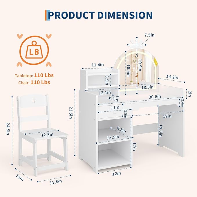 IDEALHOUSE Kids Vanity Table and Chair Set with Mirror and Lights, White Makeup Vanity Desk with Drawer and Open Storage Shelves, Wooden Dressing Table for Little Girls Bedroom