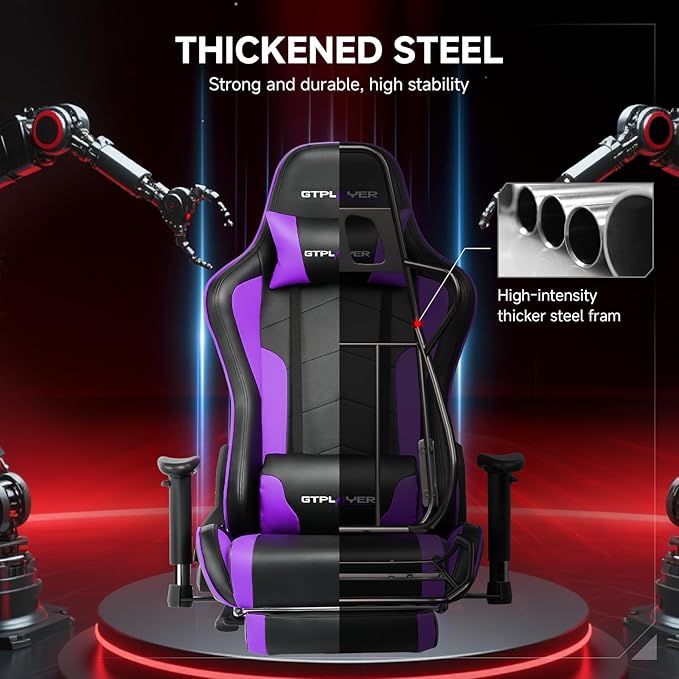 GTPLAYER Gaming Chair with Bluetooth Speakers and Footrest, Ergonomic Gamer Chair with Reclining Backrest, 3D Armrests, Adjustable Seat Height, Computer Desk Chair for Adults (Purple)