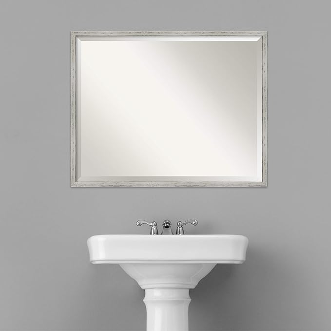 Amanti Art White Bathroom Mirror for Over Sink, 23x29 Shiplap White Narrow Rectangle Vanity Mirror, Large Coastal Wood Frame, Hangs Horizonally and Vertically, Bathroom Wall Decor, Beveled Edge
