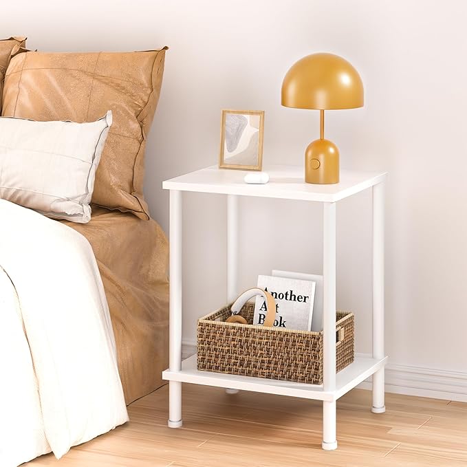 End Table,Small Side Table,2-Tier Nightstand with Storage Shelf,Sofa Bedside Table for Small Spaces in Living Room,Bedroom, Office,Stable Frame,Easy Assembly,White
