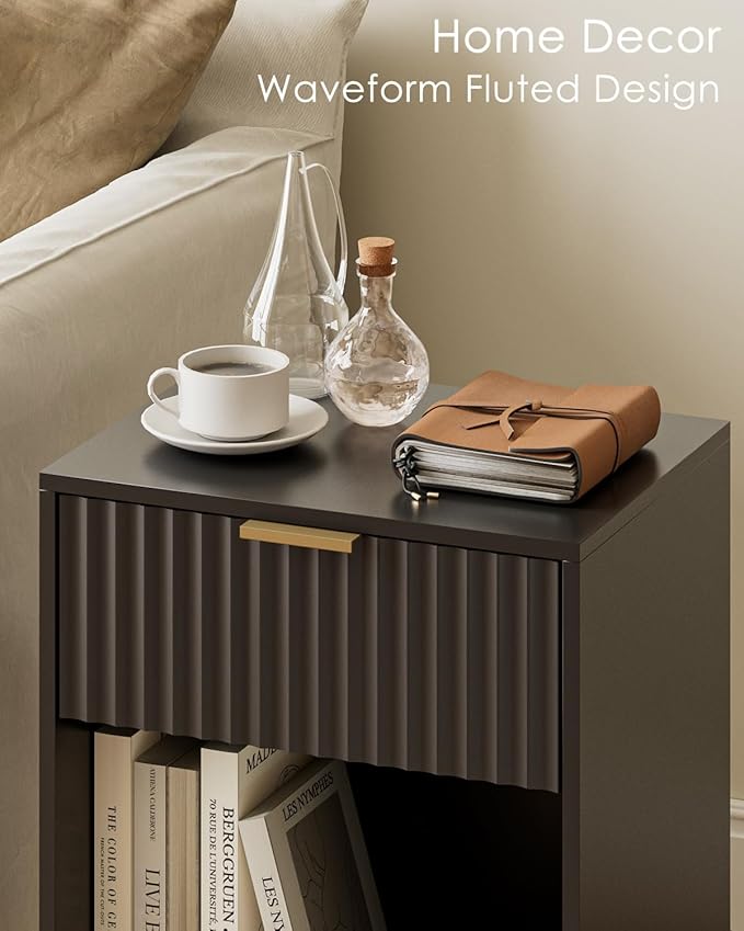 Masupu Fluted Nightstand,Modern Night Stand Wood Bedside Table with Storage Drawer Side End Table for Bedroom,Living Room,Office,Black