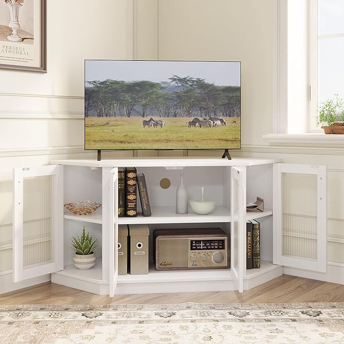 Panana Corner TV Stand - 47 Inch Media Console with 4 Doors and Shelves, Living Room Storage for TVs up to 51 Inch (White)