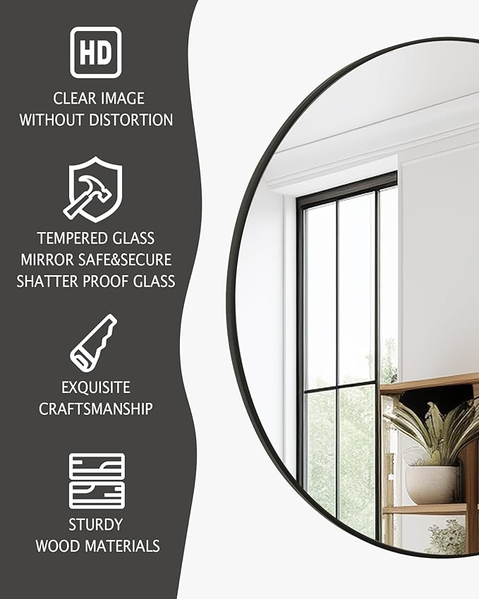 Black Round Mirror,Bathroom 24 Inch Vanity Wall Mirror,Modern Circle Mirror for Wall,Wood Mirror for Bedroom Living Room Entryway