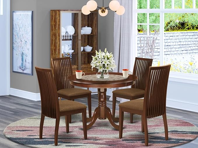 East West Furniture HLIP5-MAH-C 5 Piece Dinette Set for 4 Includes a Round Dining Room Table with Pedestal and 4 Linen Fabric Kitchen Dining Chairs, 42x42 Inch, Mahogany