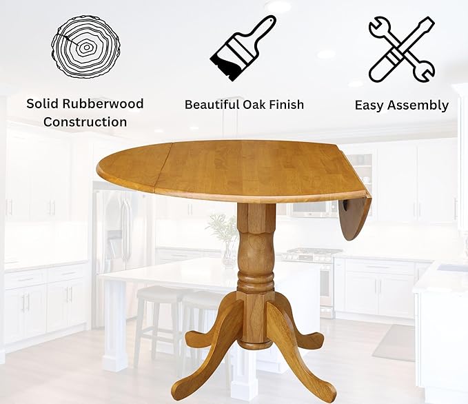 IC International Concepts, 42" Round Dual Drop Leaf Pedestal Dining Table, Solid Real Wood, Sturdy Parawood, Dimensions 42"D x 42"W x 29.5"H, 20mm thickness, 40lbs Weight Capacity, Oak
