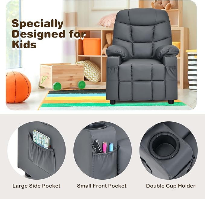 Costzon Kids Recliner Chair with Cup Holder, Adjustable Lounge Chair w/Footrest & Side Pockets for Children Boys Girls Room, Ergonomic Toddler Furniture Sofa, Kids Recliner (Grey)
