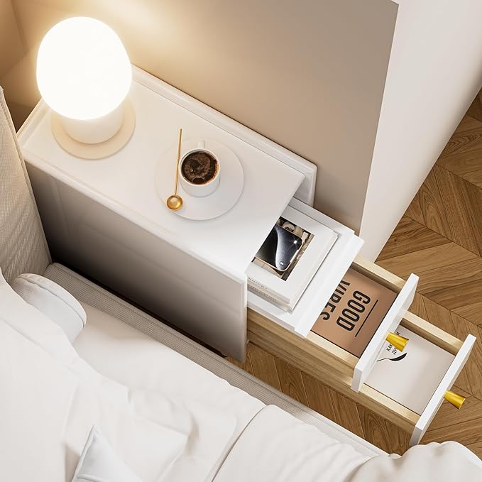 Huolewa Narrow Nightstand with 2 Drawers - Solid Wood Narrow Side Table with Open Shelf for Small Spaces, Couch, Bedroom, Living, Office - Small Bedside Table, End Tables (White, 7.87 inch)