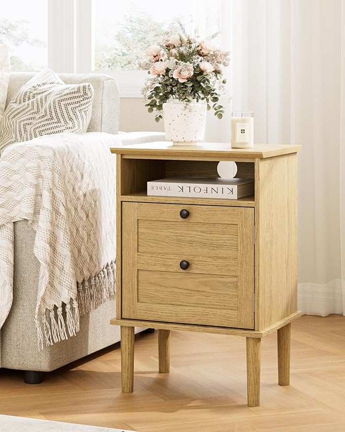 Nightstand, Boho Night Stand with 1 Drawers, Modern Side Accent Table with Open Shelf, Wooden Top Bedside End Table for Bedroom, Living Room, Yellow Oak