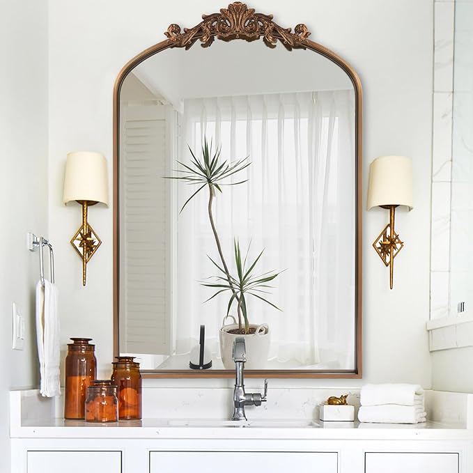 WAMIRRO Antique Mirror,Gold Traditional Vintage Ornate Baroque Arched Brass Mirrors Entryway/Fireplace/Living Room/Hallway/Bathroom 24"X36"