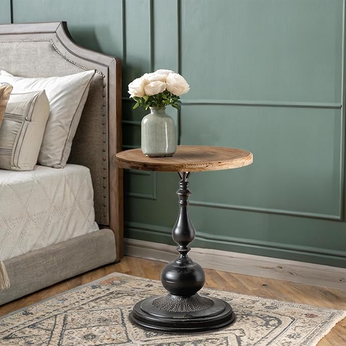 Round End Table Living Room, Vintage Side Table, Farmhouse Pedestal Table for Bedroom, Retro Wood Accent Tables for Home Decor, Patio Black