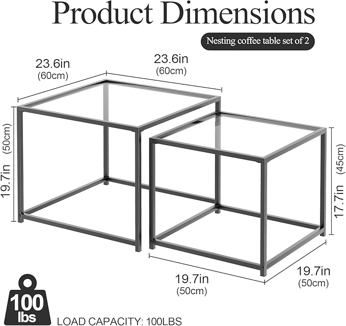 VILAWLENCE Coffee Table Set of 2, Modern Black Glass Side Table, Metal Frame Square End Table, Center Tables, Nesting Coffee Table for Living Room, Bedroom and Small Spaces, 23.6in