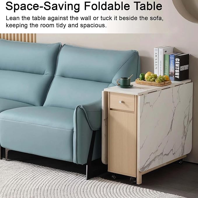 Drop Leaf Table Extendable, Foldable Kitchen Table Space Saving, Folding Dining Table with 2 Drawers and 4 Wheels, Dining Table for Living Room, Farmhouse， RV(Marble Wood)