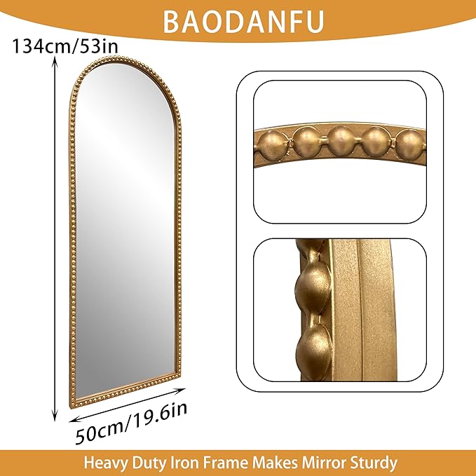 Vintage Full Length Wall Mirror, Large Gold Arch Floor Mirror 20"X53" with Antique Beaded Metal Frame for Dresser Living Room, Decorative Mirrors for Entryway Hallway Bathroom