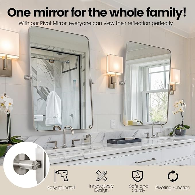 MOON MIRROR 22" x 30" Brushed Nickel Metal Framed Pivot Rectangle Bathroom Mirror, Silver Tilting Rounded Rectangular Vanity Mirror for Wall Hangs Vertical Only