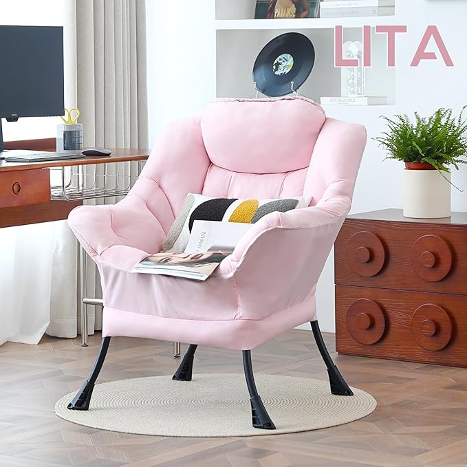 LITA Lazy Chair with Ottoman, Modern Accent Leisure Upholstered Sofa, Contemporary Lounge Reading Chair with Armrests and a Side Pocket for Living Room, Bedroom & Small Space, Single Pink
